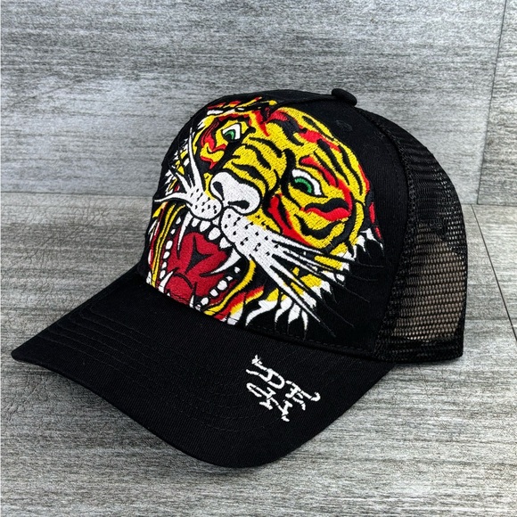 NWOT Ed Hardy DEH Mesh Snapback Trucker Hat Cap Lion Head Tattoo Black OSHA - Picture 1 of 13